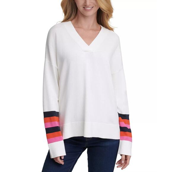 TOMMY HILFIGER Rainbow Striped-Sleeve Sweater V-Neck Pullover‎ SZ M NWOT - Picture 1 of 10